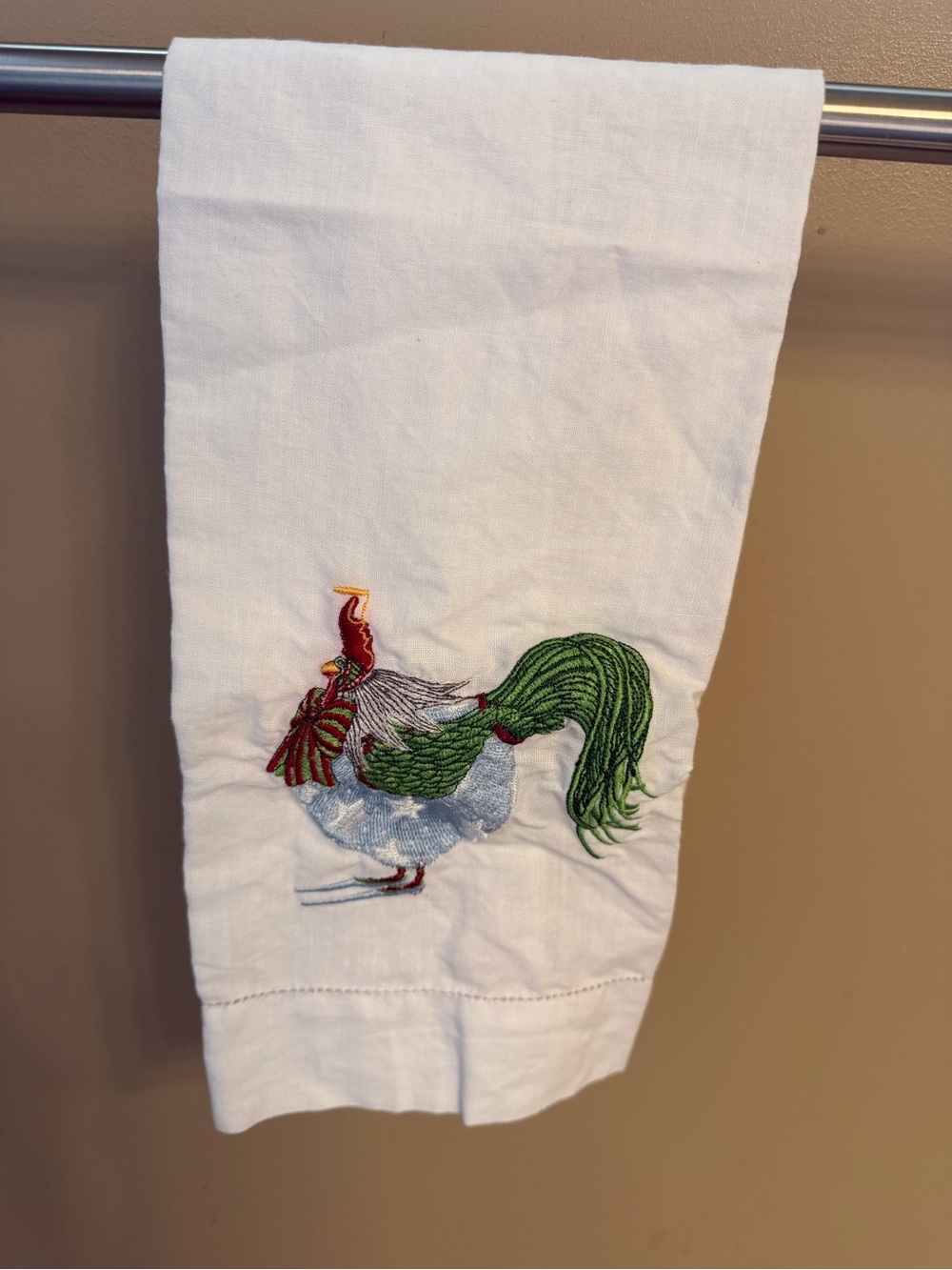 Patience Brewster Chicken Embroidered Linen Tea Towel - White with Green & Red